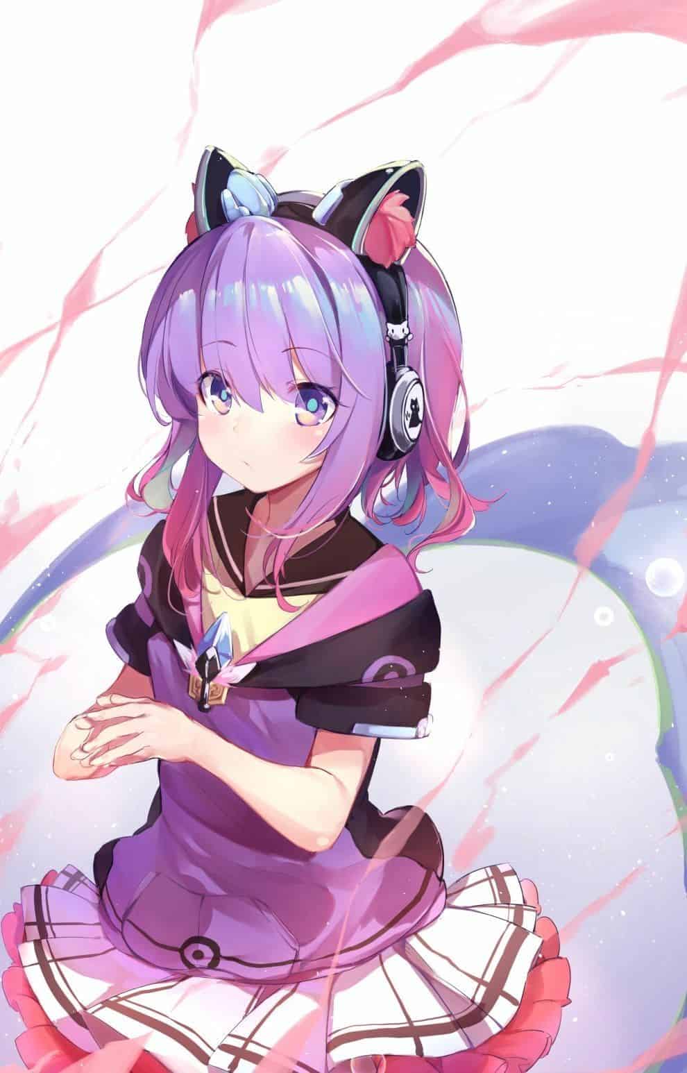 Hình Anime girl tóc tím đeo tai nghe